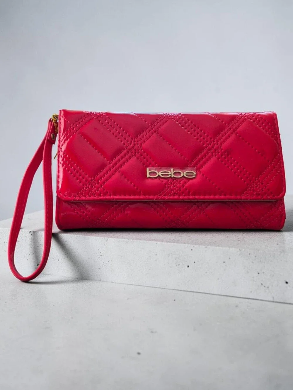 bebe Quilted Red Patent Cameron Trifold Wallet